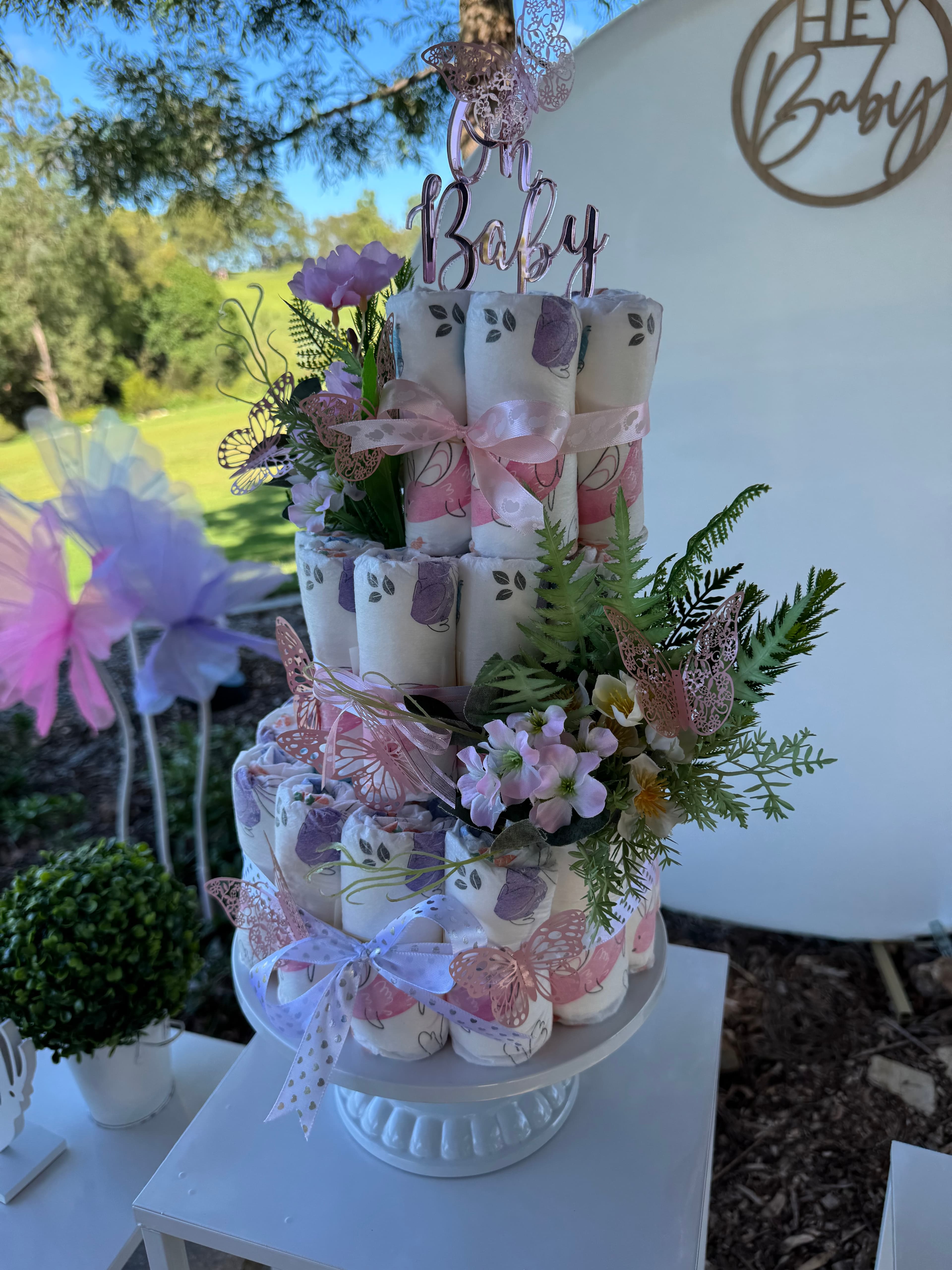 Oh Baby Nappy Cake with Butterfly Florals · Brisbane
